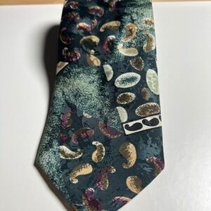 Mens Silk Paisley Tie Green‎ Burgundy Gold Tan Abstract Pattern Handmade USA